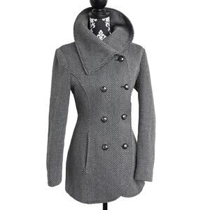 Women's Black Grey Tweed Jessica Simpson Wool Blend Coat With Tulip Collar - M